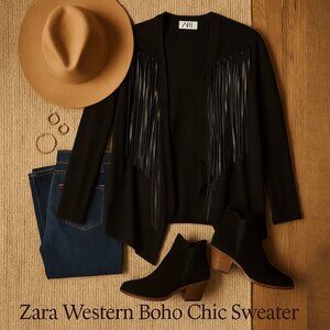 Zara Knit Black Draped Waterfall Fringe Cardigan Sweater Women’s Size Small